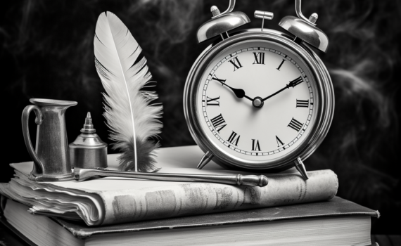 A black and white image of a classic, antiquated alarm clock sitting on a wooden desk, with several stacks of paper and a vintage quill pen nearby. The scene encapsulates the essence of delay and procrastination, while evoking a sense of the urgent passage of time