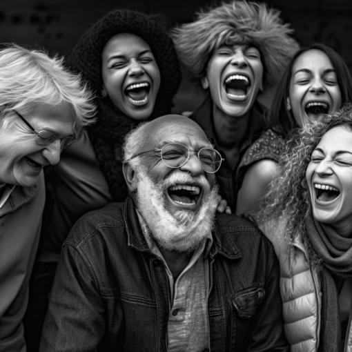 A black and white photo of a group of people of various ages and ethnicities in the midst of laughter. Their faces, filled with joy and ease, perfectly encapsulate the spirit of shared mirth and the bonding power of laughter
