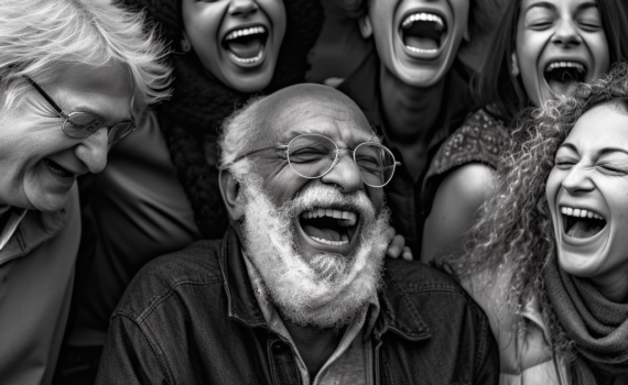 A black and white photo of a group of people of various ages and ethnicities in the midst of laughter. Their faces, filled with joy and ease, perfectly encapsulate the spirit of shared mirth and the bonding power of laughter