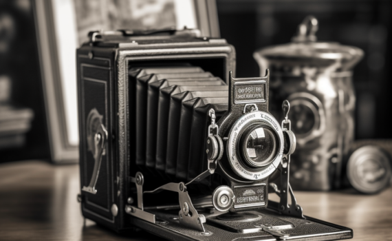 A black and white photograph of an antique camera on a wooden table, with an out-of-focus image of an old photograph in the background. The camera's leather bellows are extended, highlighting its vintage design