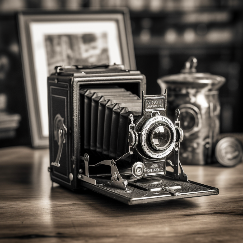 A black and white photograph of an antique camera on a wooden table, with an out-of-focus image of an old photograph in the background. The camera's leather bellows are extended, highlighting its vintage design