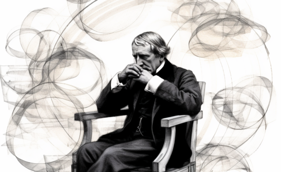 A black and white sketch of Hegel, deep in thought, pen in hand, overlaid on a backdrop of his famous dialectic stages: Thesis, Antithesis, Synthesis. Each word is surrounded by soft shapes, symbolizing the dynamic flow and interconnectedness of these stages