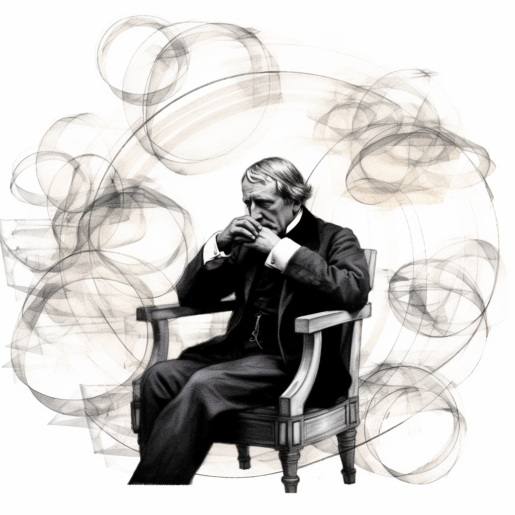 A black and white sketch of Hegel, deep in thought, pen in hand, overlaid on a backdrop of his famous dialectic stages: Thesis, Antithesis, Synthesis. Each word is surrounded by soft shapes, symbolizing the dynamic flow and interconnectedness of these stages