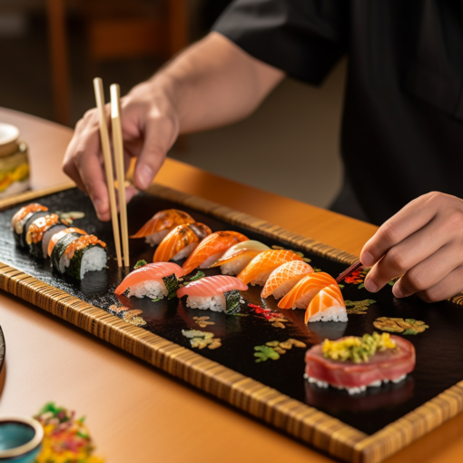 A black lacquer sushi board showcases an array of freshly made sushi. Each piece is crafted with precision, the vibrant hues of the seafood contrasting against the pearly white of the rice. A sushi chef, or itamae, is visible in the background, his focus on the knife in his hand as he skillfully slices a piece of fresh tuna
