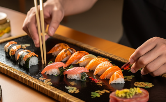 A black lacquer sushi board showcases an array of freshly made sushi. Each piece is crafted with precision, the vibrant hues of the seafood contrasting against the pearly white of the rice. A sushi chef, or itamae, is visible in the background, his focus on the knife in his hand as he skillfully slices a piece of fresh tuna