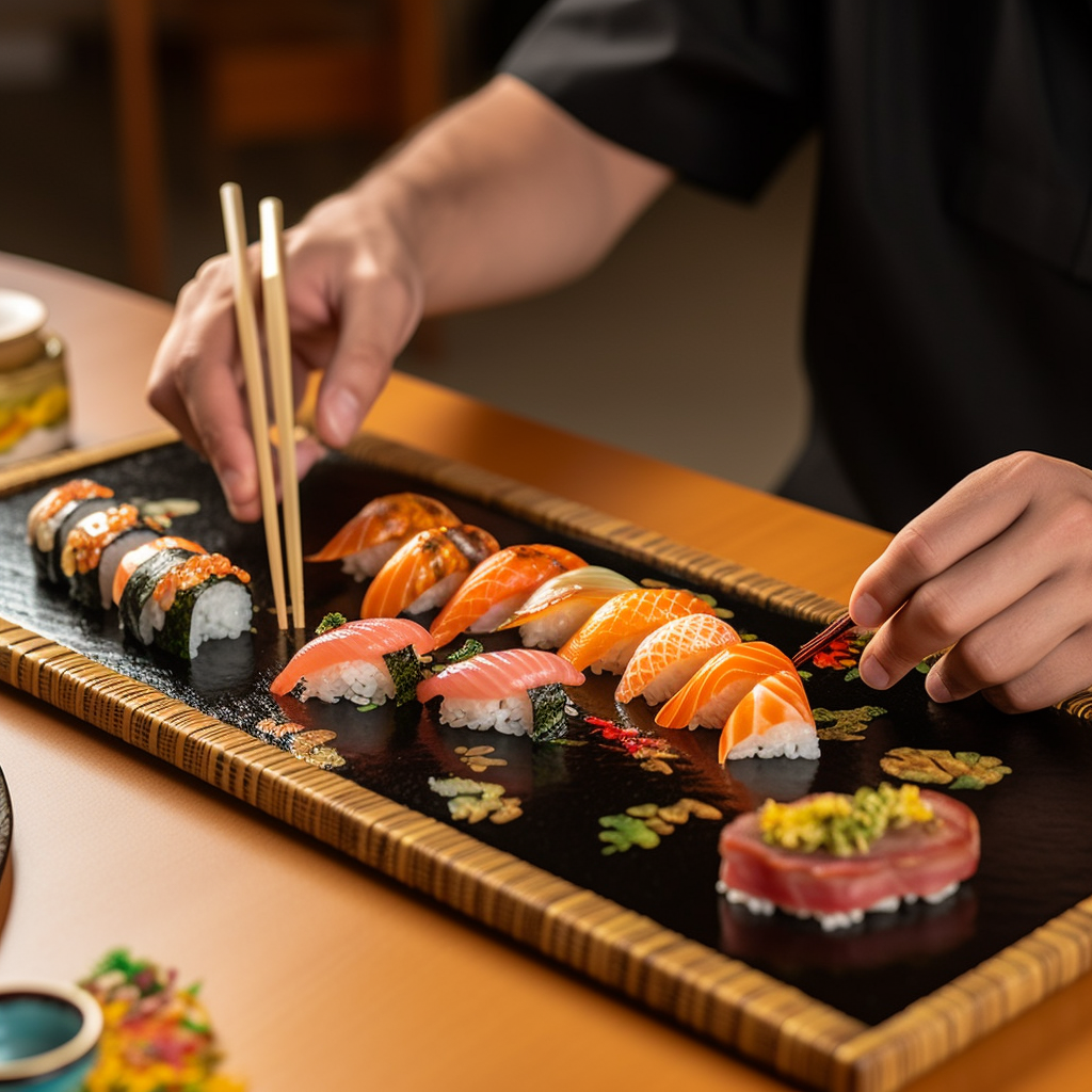 A black lacquer sushi board showcases an array of freshly made sushi. Each piece is crafted with precision, the vibrant hues of the seafood contrasting against the pearly white of the rice. A sushi chef, or itamae, is visible in the background, his focus on the knife in his hand as he skillfully slices a piece of fresh tuna