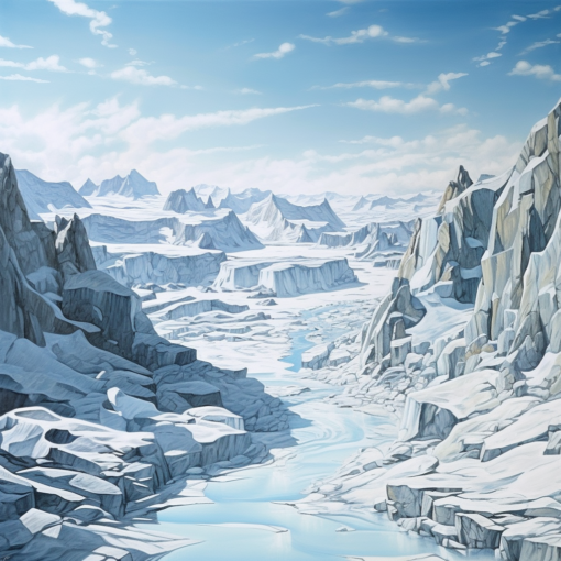 A breathtaking panorama of a vast glacier extending into the distance, its deep crevasses and ridges hinting at its slow movement over centuries. A pale blue sky hangs above, reflecting off the glacier's surface and bathing the entire scene in a serene, icy light