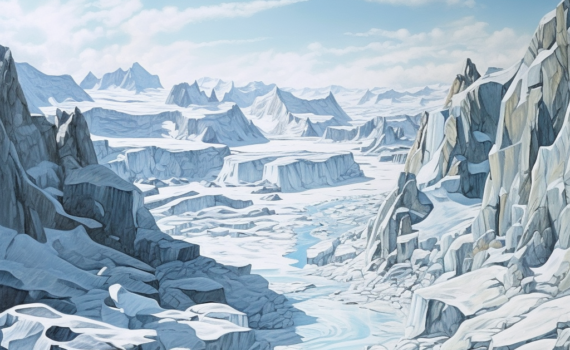 A breathtaking panorama of a vast glacier extending into the distance, its deep crevasses and ridges hinting at its slow movement over centuries. A pale blue sky hangs above, reflecting off the glacier's surface and bathing the entire scene in a serene, icy light