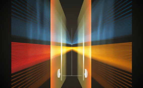 A captivating diagram of the double-slit experiment. A beam of light is shown hitting a barrier with two slits. The light waves spread out from each slit and interfere with each other, creating an interference pattern of light and dark bands on a screen on the other side of the barrier