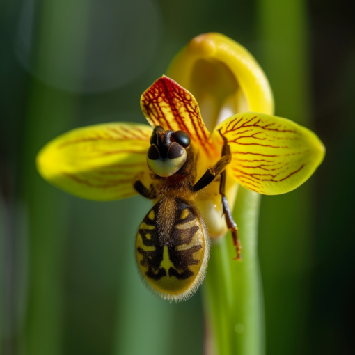 A close-up image of a Bee Orchid. The petal structure of the flower closely resembles the shape and coloring of a female bee, showcasing the intricate detail involved in this mimicry. The hues of yellow and black in the flower contrast beautifully against a blurred green background