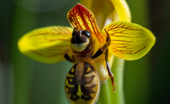 A close-up image of a Bee Orchid. The petal structure of the flower closely resembles the shape and coloring of a female bee, showcasing the intricate detail involved in this mimicry. The hues of yellow and black in the flower contrast beautifully against a blurred green background