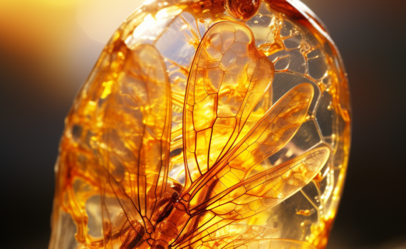 A close-up photograph of a translucent piece of amber, bathed in golden light. Inside the amber, a perfectly preserved prehistoric insect is visible, its delicate wings spread as if caught mid-flight. The amber glows warmly, showcasing the intricate patterns of the fossilized resin