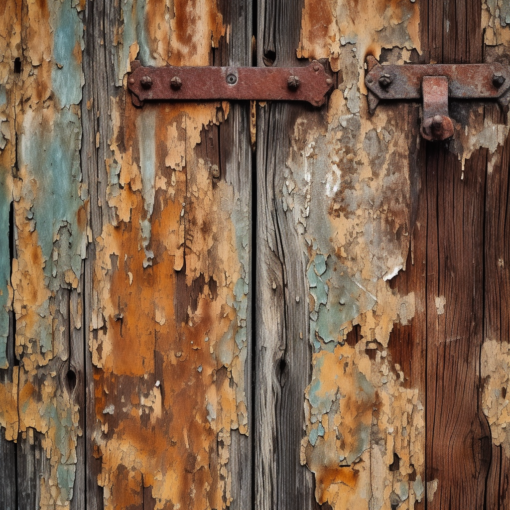 A close-up photograph of an old, weathered wooden door. The once vibrant paint is now faded and chipped, revealing the natural grain of the wood beneath. There is a beautiful imperfection in its decay, showcasing the natural cycle of life and the beauty of transience