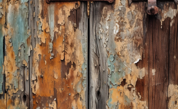 A close-up photograph of an old, weathered wooden door. The once vibrant paint is now faded and chipped, revealing the natural grain of the wood beneath. There is a beautiful imperfection in its decay, showcasing the natural cycle of life and the beauty of transience