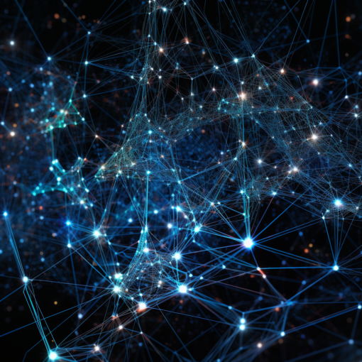 A digitally rendered image showcasing a complex network of nodes interconnected, each node symbolizing a block in a blockchain. The nodes are in various shades of blue, against a black, matrix-like background, giving an impression of the digital world of cryptocurrency