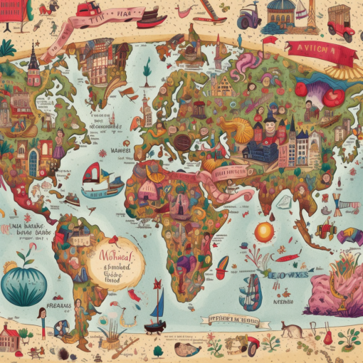 A hand-drawn map of the world, colorfully dotted with calligraphic text featuring quirky place names from various countries. Each name is embellished with playful illustrations that represent the character of each place