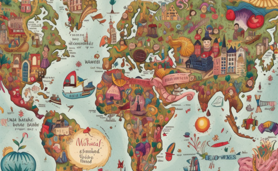 A hand-drawn map of the world, colorfully dotted with calligraphic text featuring quirky place names from various countries. Each name is embellished with playful illustrations that represent the character of each place
