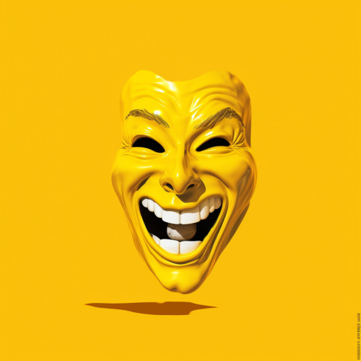 A minimalist image of a classic comedy mask, hand-drawn on a vibrant yellow background. The mask's exaggerated smile is captivating, embodying the spirit of laughter and amusement associated with comedy