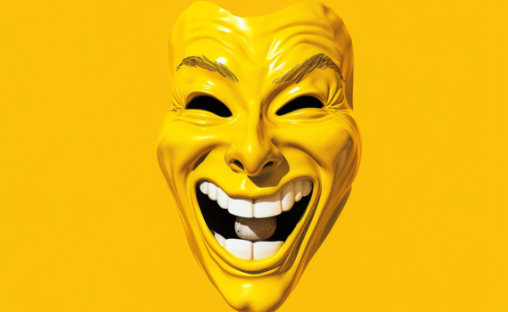 A minimalist image of a classic comedy mask, hand-drawn on a vibrant yellow background. The mask's exaggerated smile is captivating, embodying the spirit of laughter and amusement associated with comedy