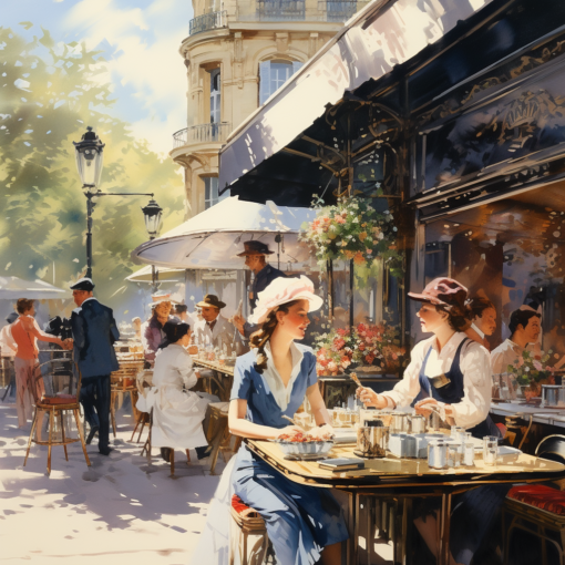 A picturesque Parisian street cafe with an ornate, vintage facade. In the foreground, a chef in a stylish beret masterfully flips a crêpe on a large griddle. A crowd watches in anticipation, while a woman in elegant attire is seated at a nearby table, about to indulge in a golden crêpe adorned with fresh berries and a dusting of powdered sugar