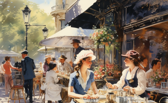 A picturesque Parisian street cafe with an ornate, vintage facade. In the foreground, a chef in a stylish beret masterfully flips a crêpe on a large griddle. A crowd watches in anticipation, while a woman in elegant attire is seated at a nearby table, about to indulge in a golden crêpe adorned with fresh berries and a dusting of powdered sugar