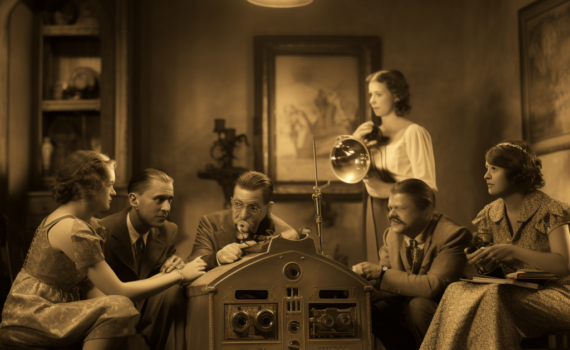 A sepia-toned photograph capturing a vintage 1920s living room. A family, dressed in the garb of the era, huddle around an ornate wooden radio set with large dials and an antenna. The expressions on their faces are a mixture of awe and wonder, as they listen intently to the voices emanating from the radio