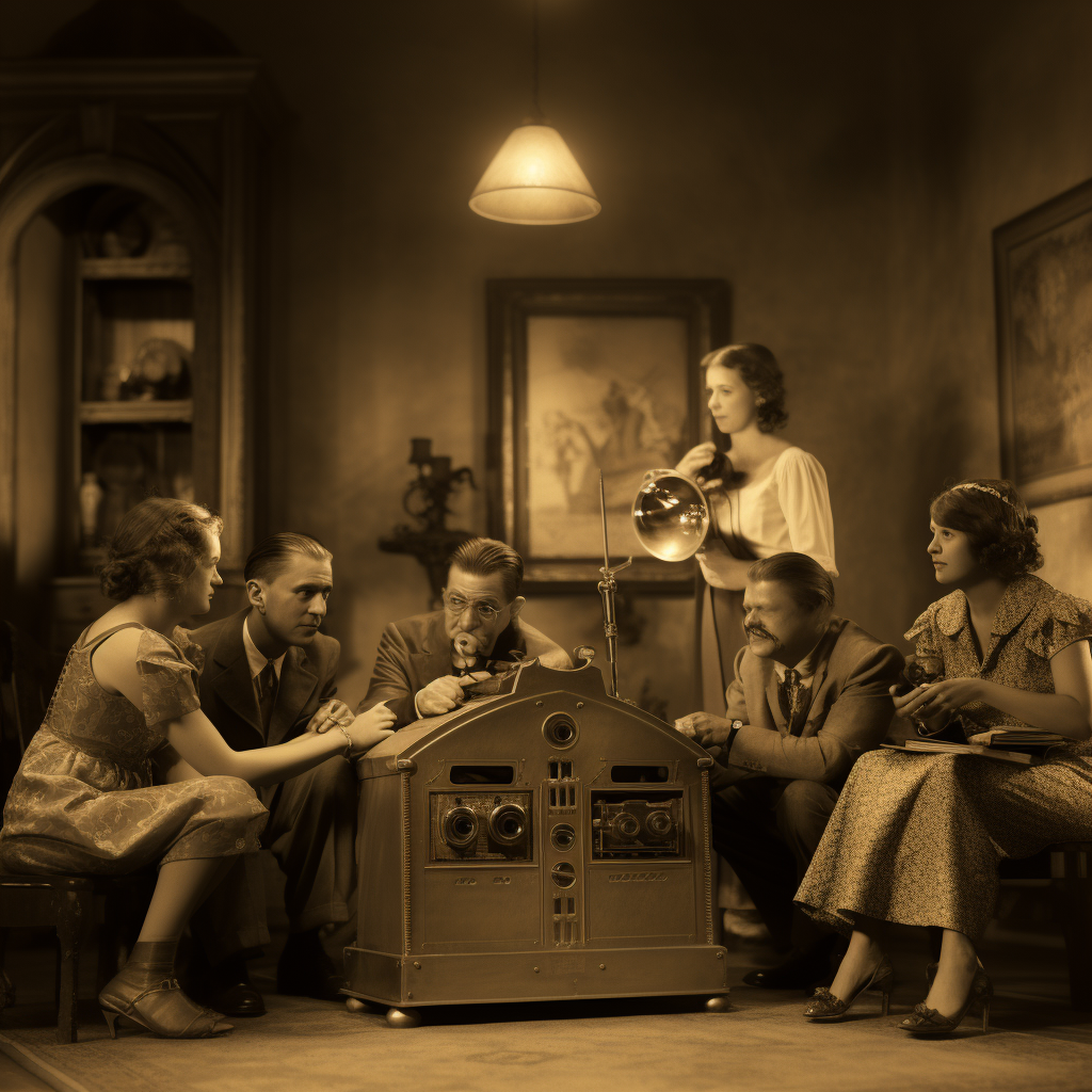 A sepia-toned photograph capturing a vintage 1920s living room. A family, dressed in the garb of the era, huddle around an ornate wooden radio set with large dials and an antenna. The expressions on their faces are a mixture of awe and wonder, as they listen intently to the voices emanating from the radio