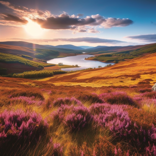 A serene panorama of the Scottish Highlands, where rolling green hills are dotted with patches of heather under a pristine blue sky. A sparkling loch lies nestled between the hills, reflecting the last rays of a setting sun