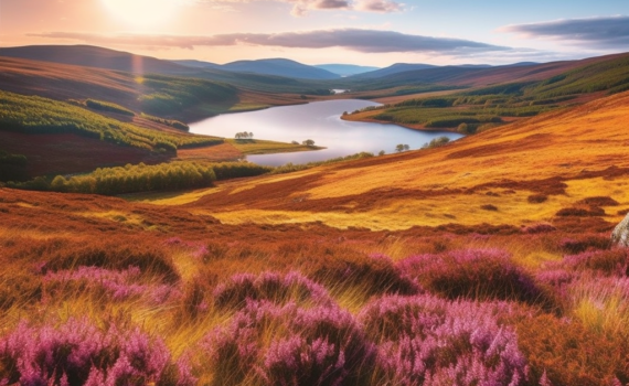 A serene panorama of the Scottish Highlands, where rolling green hills are dotted with patches of heather under a pristine blue sky. A sparkling loch lies nestled between the hills, reflecting the last rays of a setting sun
