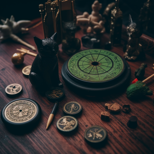 A vintage wooden tabletop covered with various symbols of superstition - a black cat figurine, a broken mirror, a rabbit's foot charm, an opened umbrella, and a four-leaf clover. The image has a slightly blurred, mystic quality that invokes curiosity and intrigue