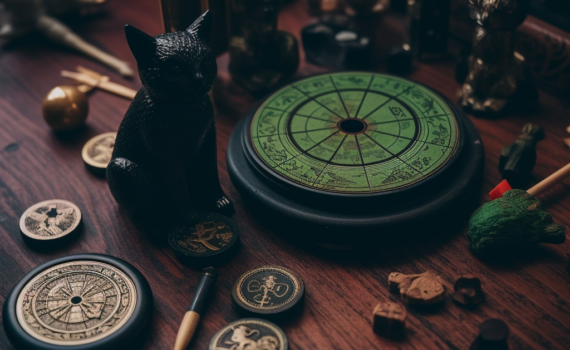 A vintage wooden tabletop covered with various symbols of superstition - a black cat figurine, a broken mirror, a rabbit's foot charm, an opened umbrella, and a four-leaf clover. The image has a slightly blurred, mystic quality that invokes curiosity and intrigue