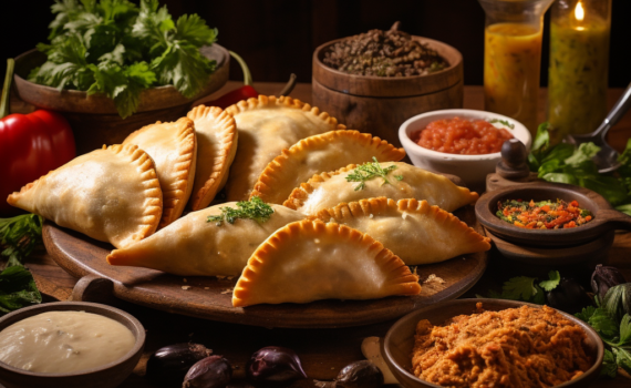 A visually engaging photograph displaying an assortment of freshly baked empanadas beautifully arranged on a rustic wooden table. A golden crust reveals itself with a glimpse of the succulent fillings - minced meat, vegetables, and spices. In the backdrop, there are ingredients such as olives, onions, and herbs. The image emanates warmth and the allure of homely cooking