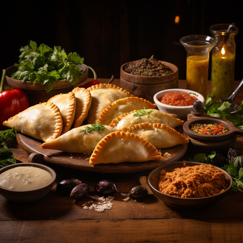 A visually engaging photograph displaying an assortment of freshly baked empanadas beautifully arranged on a rustic wooden table. A golden crust reveals itself with a glimpse of the succulent fillings - minced meat, vegetables, and spices. In the backdrop, there are ingredients such as olives, onions, and herbs. The image emanates warmth and the allure of homely cooking