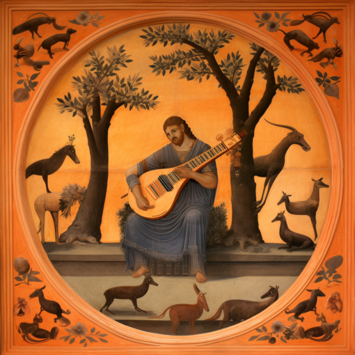An ancient Greek vase painting depicting Orpheus playing his lyre. He is surrounded by captivated wild animals, illustrating the enchanting power of his music