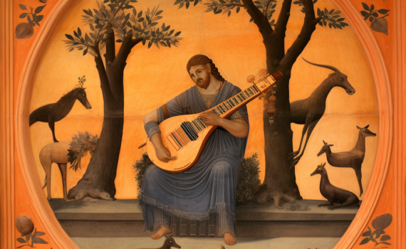 An ancient Greek vase painting depicting Orpheus playing his lyre. He is surrounded by captivated wild animals, illustrating the enchanting power of his music