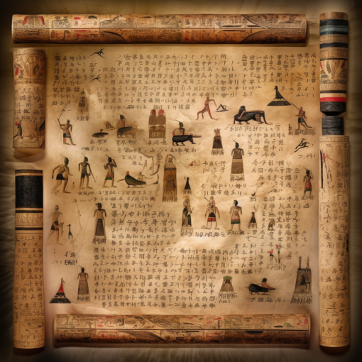 An ancient parchment paper displays a diverse array of writing scripts from different epochs and cultures. From early cave pictographs to intricate cuneiform tablets and elegant Latin scripts, the image is a visual timeline of the evolution of written communication