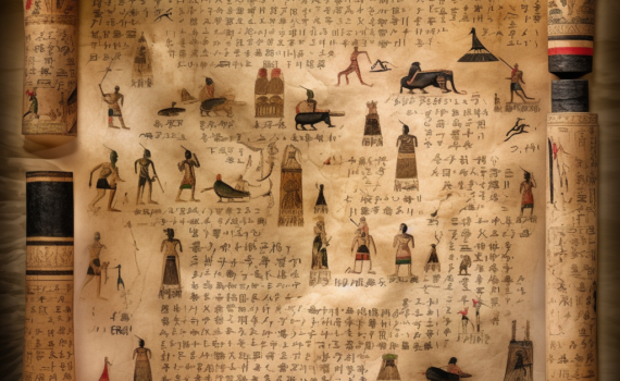 An ancient parchment paper displays a diverse array of writing scripts from different epochs and cultures. From early cave pictographs to intricate cuneiform tablets and elegant Latin scripts, the image is a visual timeline of the evolution of written communication
