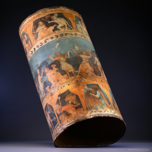 An ancient scroll unfurled to reveal painted scenes from a Greek myth. Its edges are worn and tinged with the color of age, yet the imagery remains vibrant and captivating