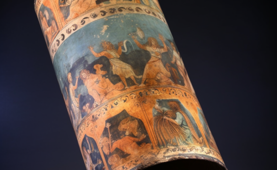 An ancient scroll unfurled to reveal painted scenes from a Greek myth. Its edges are worn and tinged with the color of age, yet the imagery remains vibrant and captivating