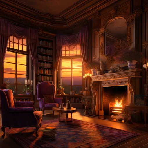 An antiquated study room bathed in golden light. An ornate fireplace at the center, with a roaring fire casting an amber glow. To the left, an open window with curtains billowing softly reveals a lush, lavender field in the twilight. Percival, in a plush velvet armchair, pensively holding a cup of tea with a look of nostalgia on his face, surrounded by ancient books