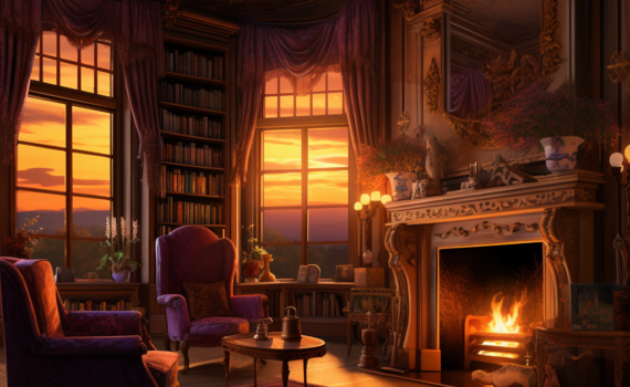 An antiquated study room bathed in golden light. An ornate fireplace at the center, with a roaring fire casting an amber glow. To the left, an open window with curtains billowing softly reveals a lush, lavender field in the twilight. Percival, in a plush velvet armchair, pensively holding a cup of tea with a look of nostalgia on his face, surrounded by ancient books
