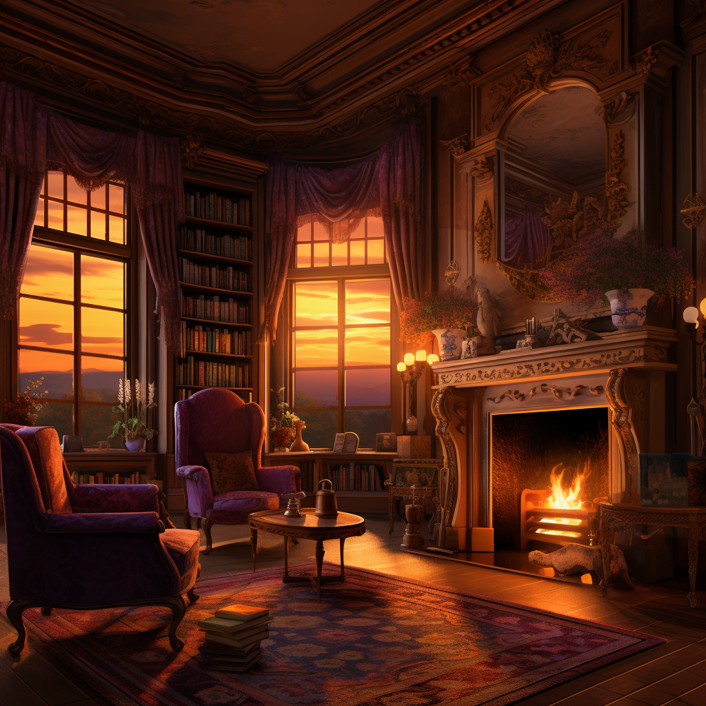 An antiquated study room bathed in golden light. An ornate fireplace at the center, with a roaring fire casting an amber glow. To the left, an open window with curtains billowing softly reveals a lush, lavender field in the twilight. Percival, in a plush velvet armchair, pensively holding a cup of tea with a look of nostalgia on his face, surrounded by ancient books