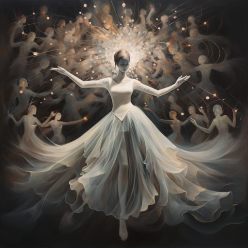An elegant, whimsical painting depicting a masked ballerina in mid-pirouette, surrounded by shadowy figures, each representing different philosophical traditions. The background features a swirling mist, with faint images of Socrates, quantum particles, and existentialist thinkers, reflecting the interconnected dance of uncertainty and thought