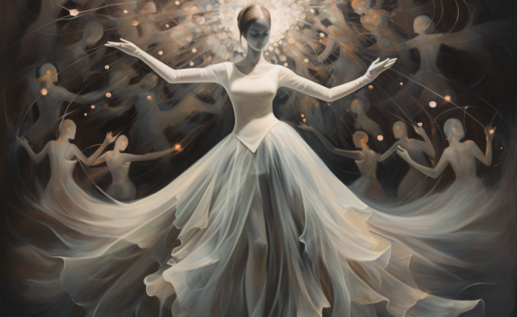 An elegant, whimsical painting depicting a masked ballerina in mid-pirouette, surrounded by shadowy figures, each representing different philosophical traditions. The background features a swirling mist, with faint images of Socrates, quantum particles, and existentialist thinkers, reflecting the interconnected dance of uncertainty and thought