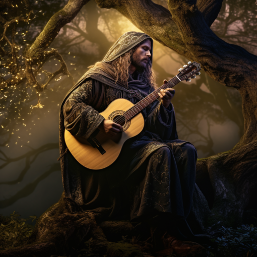 An evocative image of a lone minstrel, clad in medieval garb, standing under the boughs of an ancient tree at twilight. His long flowing cloak rustles in the gentle breeze as his fingers dance upon the strings of his lute. The moonlight bathes him in a silver glow, casting an ethereal aura around him, as if he has stepped through time