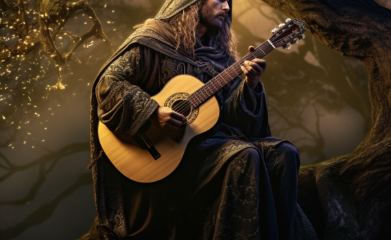 An evocative image of a lone minstrel, clad in medieval garb, standing under the boughs of an ancient tree at twilight. His long flowing cloak rustles in the gentle breeze as his fingers dance upon the strings of his lute. The moonlight bathes him in a silver glow, casting an ethereal aura around him, as if he has stepped through time
