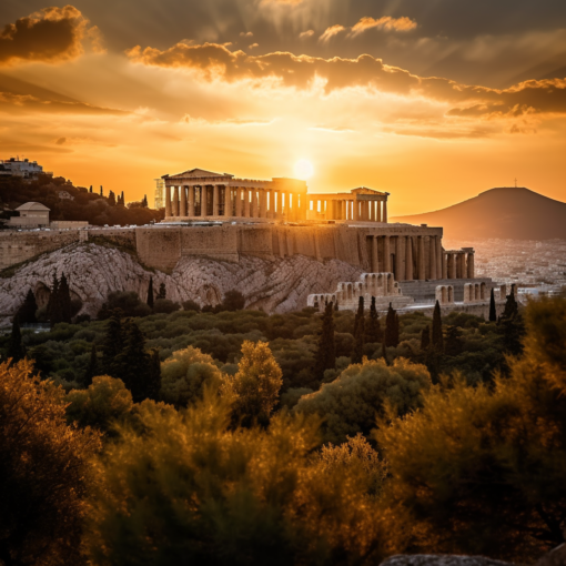 An evocative image of the sun setting behind the Parthenon. The iconic marble pillars are bathed in a warm, golden glow, their details highlighted by the radiant light. In the distance, the modern cityscape of Athens stretches out, a striking contrast to the ancient structure. The image encapsulates the timeless appeal of the ancient Greek ruins and their enduring presence in contemporary life