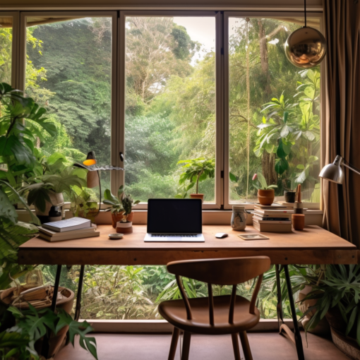 An image of a serene home office with a large window overlooking lush greenery. There is a wooden desk with a laptop, a cup of tea, and a small potted plant. The scene embodies the tranquility and flexibility of remote work