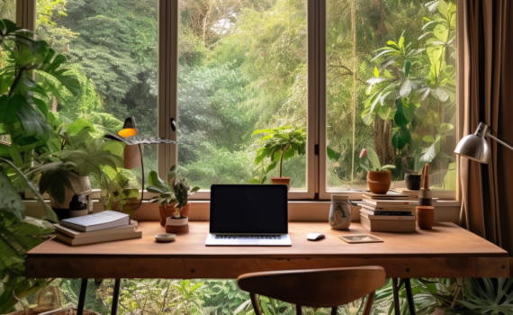 An image of a serene home office with a large window overlooking lush greenery. There is a wooden desk with a laptop, a cup of tea, and a small potted plant. The scene embodies the tranquility and flexibility of remote work