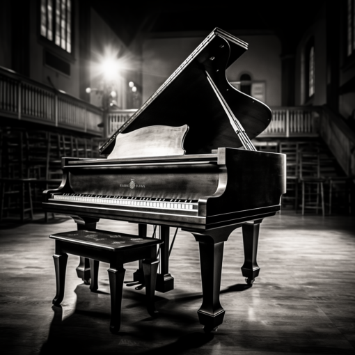 An intimate black-and-white shot of a grand piano, with focus on its ivories. A spotlight casts a gentle glow on the keys, evoking an atmosphere of quiet anticipation, reminiscent of the calm before a concert starts